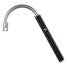 Black flameless electronic arc lighter with flexible metal neck and LED battery indicator