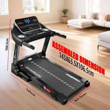 Foldable treadmill with black deck and console, shown with size measurement lines.