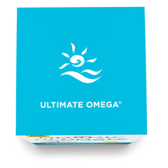 Nordic Naturals Ultimate Omega blue product box top with white sun and wave logo and bold text