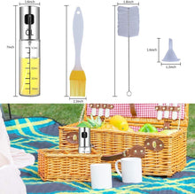 Oil spray bottle accessory set with brush head and suction tube, size diagram