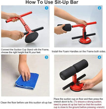 Sit-up bar usage steps showing foam handles and suction cup base