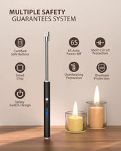Black arc lighter with blue LED indicator beside lit candles