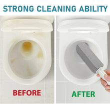 Pumice cleaning stone on white handle in toilet bowl