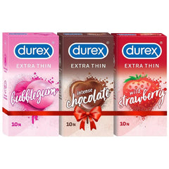 Three Durex extra thin flavored condom boxes: bubblegum, intense chocolate, wild strawberry packs