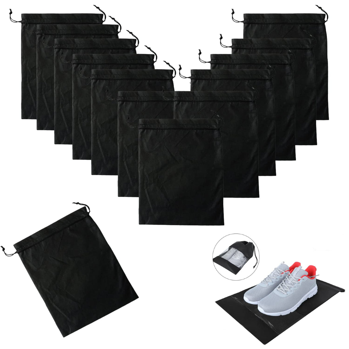 12 Pieces Waterproof Shoe Storage Bags, Non-Woven Fabric with Drawstring and Transparent Window for Travel, Gym and Sports Shoe Storage Bag Organizer for Men and Women, Black