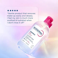 Bioderma Sensibio H2O micellar water bottle with pink cap, angled front label