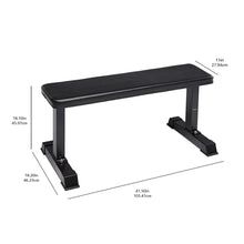 Black flat weight bench with padded top and four leveling feet