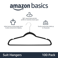 Slim Velvet, Non-Slip Suit Clothes Hangers, Pack of 100, Black/Silver