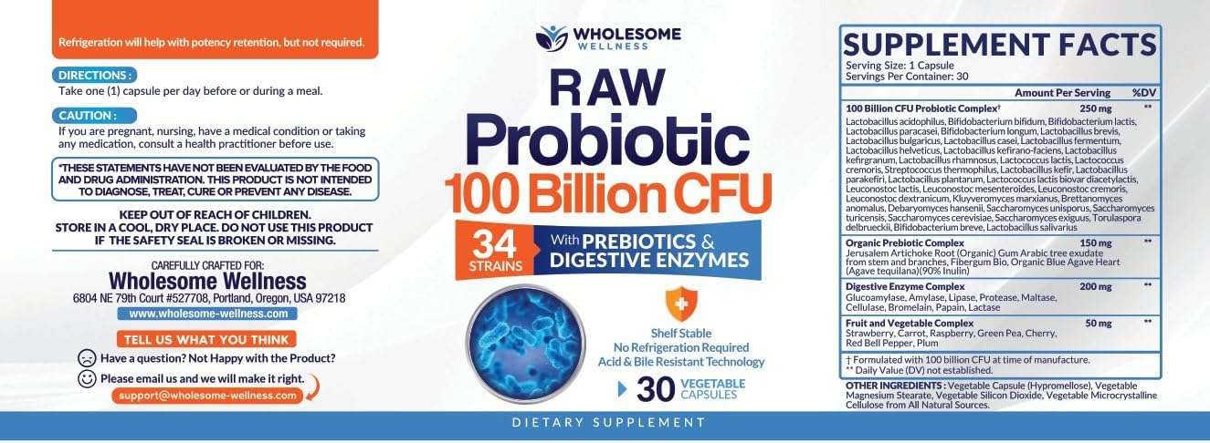 Wholesome Wellness 100 Billion Cfu- Dr. Approved Probiotics for Unisex,30 Capsules