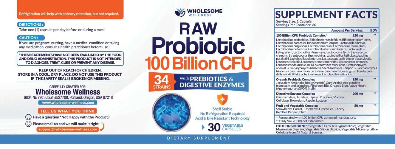 Wholesome Wellness 100 Billion Cfu- Dr. Approved Probiotics for Unisex,30 Capsules