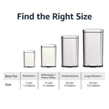 Kitchen bin size chart showing four satin nickel bins, 5–50 L.