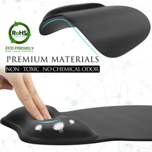 Black ergonomic mouse pad with raised gel wrist rest and curved smooth surface