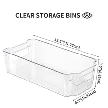 Clear plastic rectangular storage bin with side grip handles, open top