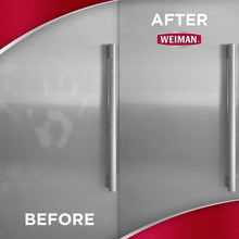 Weiman stainless steel cleaning wipes canister with before/after fridge handles