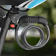 Bike cable combination lock with 5-digit dial and coiled steel cable on mount