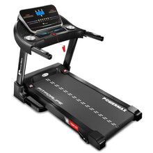Foldable motorized treadmill with black deck, console, and side handrails.