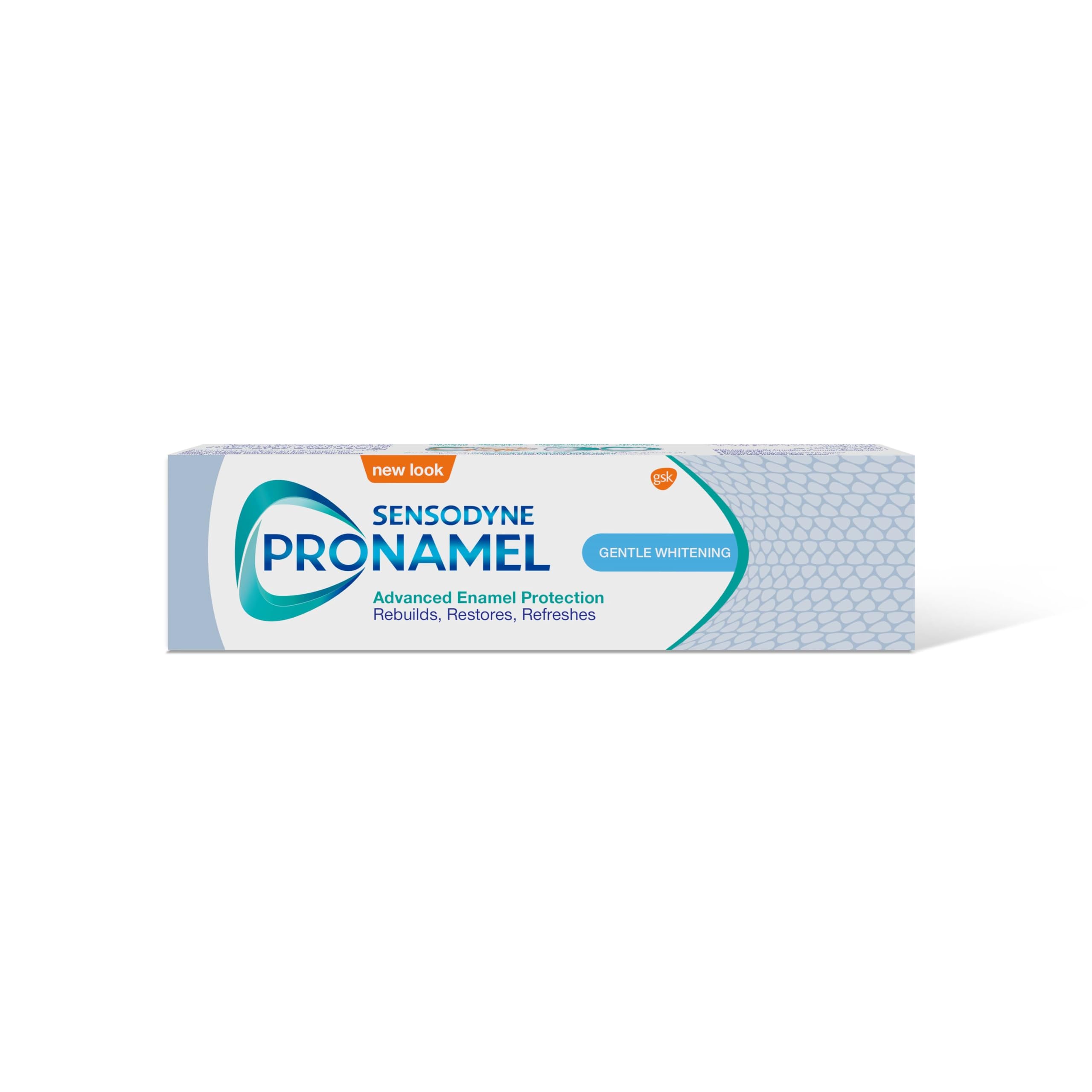 Box of Sensodyne Pronamel Gentle Whitening toothpaste in white and teal packaging showing advanced enamel protection