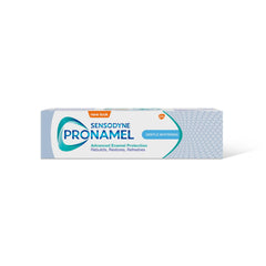 Box of Sensodyne Pronamel Gentle Whitening toothpaste in white and teal packaging showing advanced enamel protection