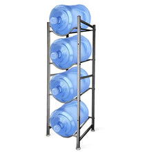 4-tier water bottle storage stand with four blue 5-gallon bottles, black metal frame