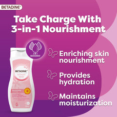 Betadine intimate wash moisturizing calendula bottle on pink background with 3 in 1 nourishment hydration and moisturization