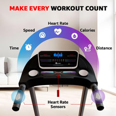 Cinta de correr motorizada plana PowerMax Fitness TDM-97 (4 HP pico) para el hogar [Velocidad: 10 km/h, Peso máximo del usuario: 100 kg, Plegable, 12 programas de entrenamiento, MP3] Asistencia gratuita para la instalación (hazlo tú mismo)