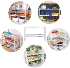 Expandable Under Sink Storage 2 Tiers, Kitchen Adjustable Storage Organizer Rack, White