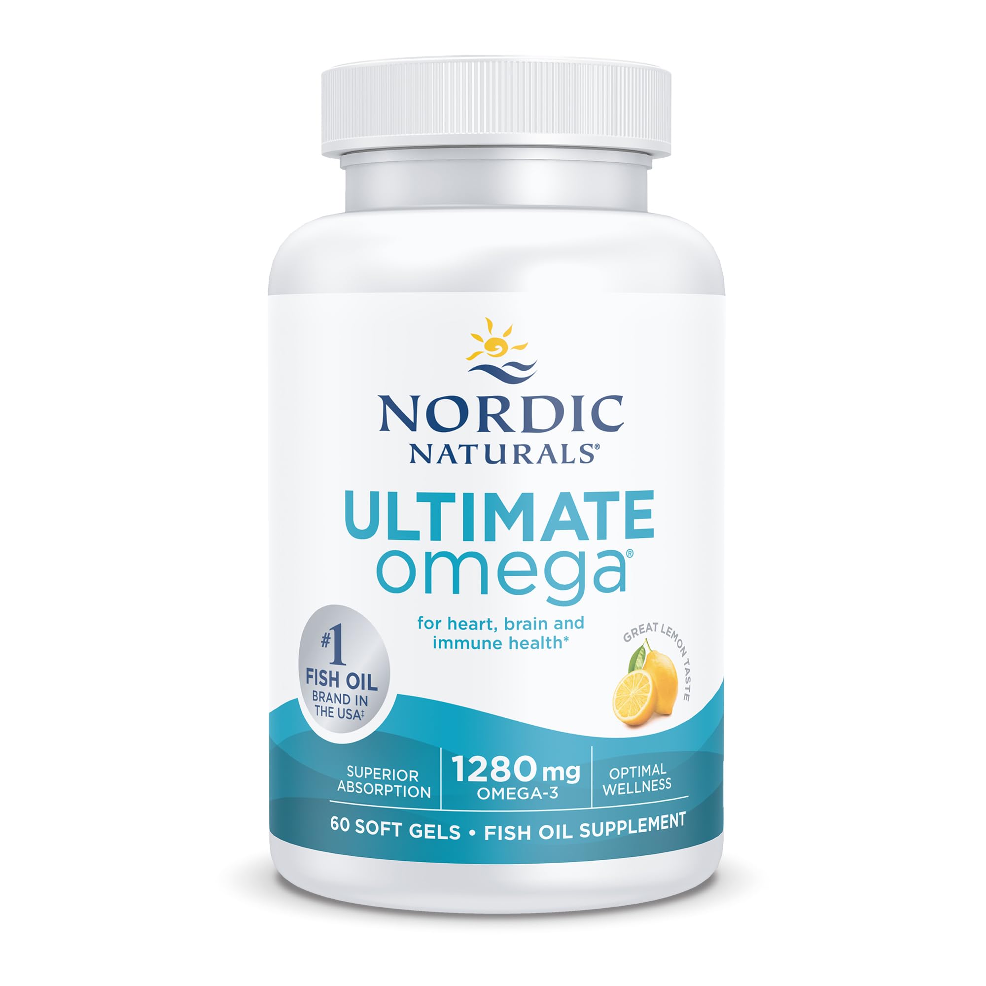 Nordic Naturals Ultimate Omega bottle 60 soft gels 1280 mg omega 3 fish oil supplement with lemon