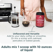 Multi Collagen Protein powder tub on kitchen counter near cup and coffee pot.