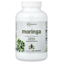 Moringa dietary supplement bottle with white cap and green label, 300 capsules
