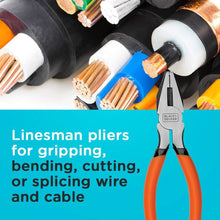 Orange-and-black linesman pliers with Black+Decker logo and long jaws