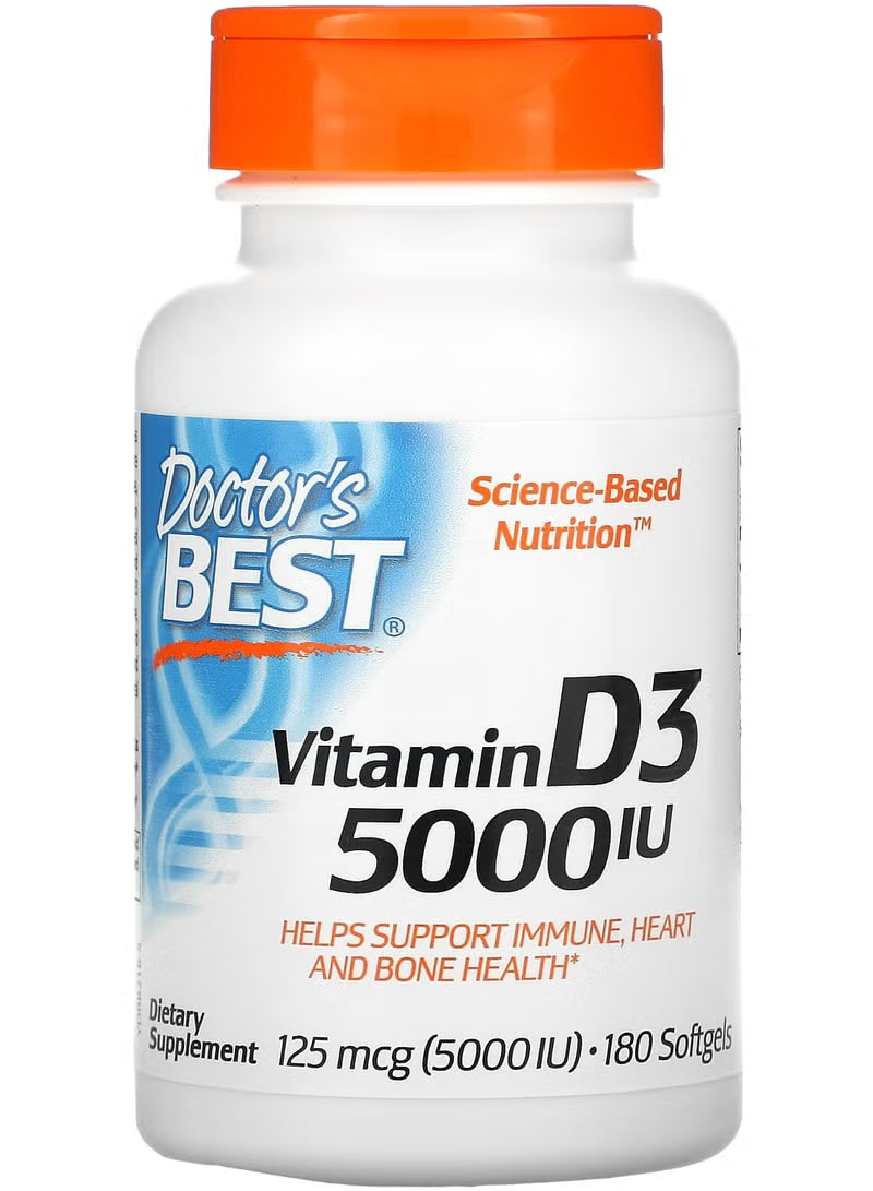 Vitamin D3 5000 IU softgels bottle, orange cap, 180 softgels.