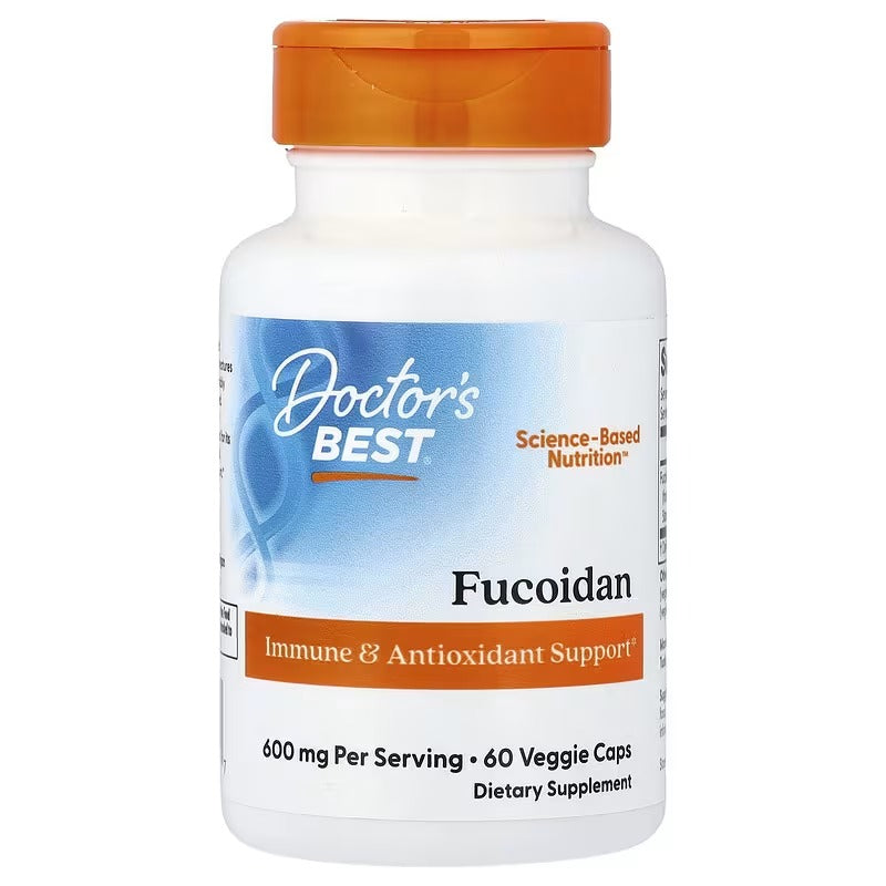 Fucoidan supplement bottle with orange cap and front label, 60 veggie caps