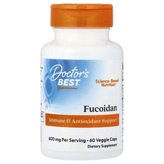 Fucoidan supplement bottle with orange cap and front label, 60 veggie caps