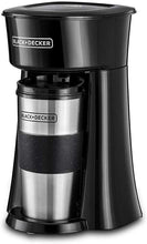 Black+Decker coffee maker with black body and stainless travel mug, top lid closed