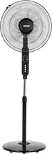 Geepas 16-inch stand fan with black grille, 5-blade rotor, and round base