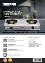 Stainless steel 2-burner gas cooker with cast-iron burners and two control knobs
