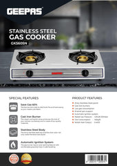 Geepas Stainless Steel Gas Cooker, 2 Burners Stove, GK5605N | Automatic Ignition System | Electroplated Pan Support | Cast Iron Burners | User-Friendly