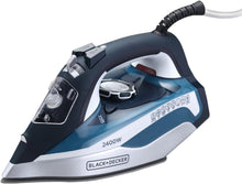 Blue and black steam iron with ceramic-coated soleplate and water tank window