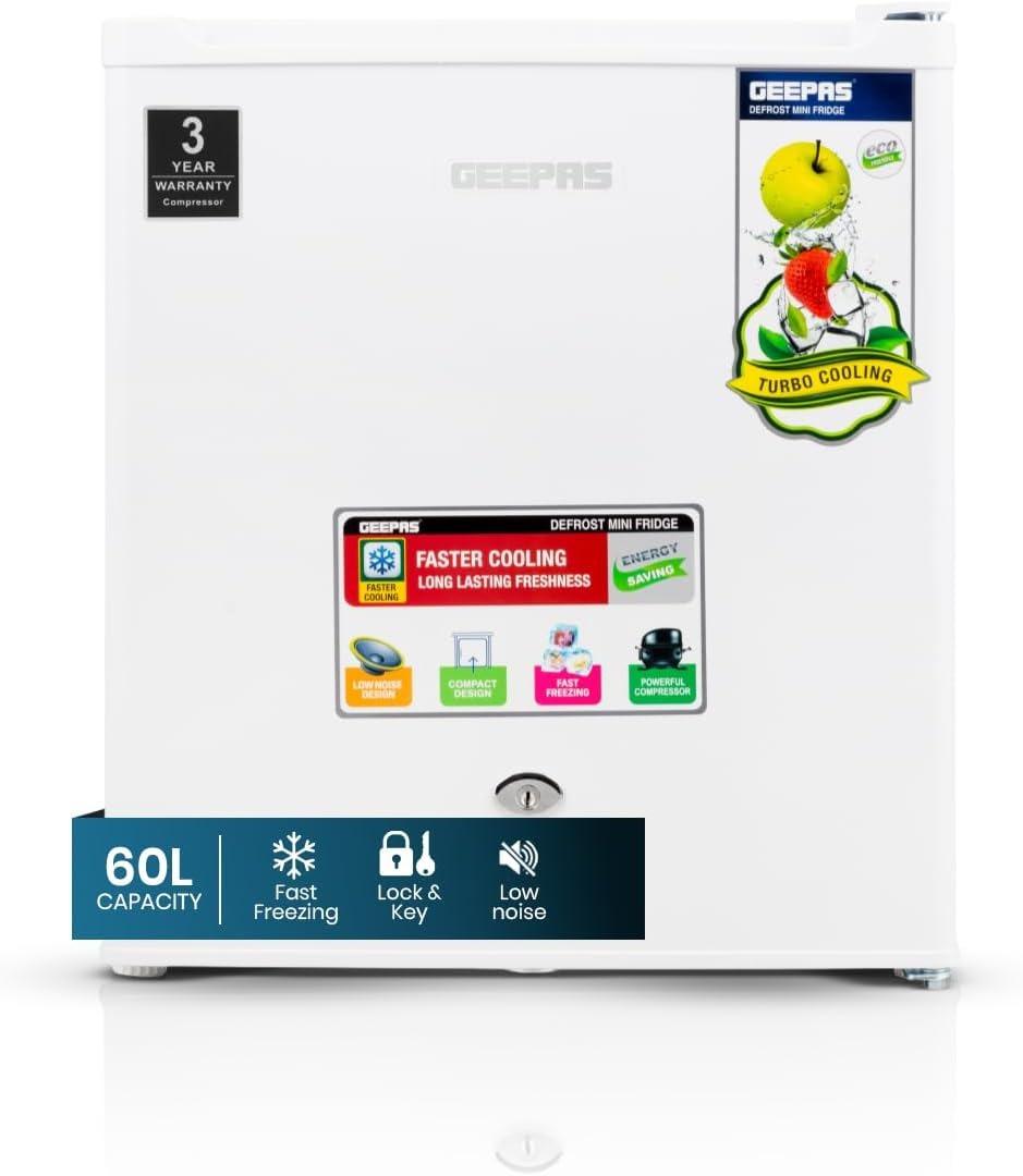 Geepas Mini Bar Fridge 60L, Defrost, Door Lock & Key, Low Noise, Compact Design, Powerful Compressor, Energy Saving, Fast Freezing, Adjustable Thermostat, White