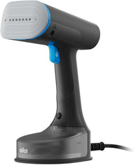 Braun handheld garment steamer, black base with blue handle and steam nozzle