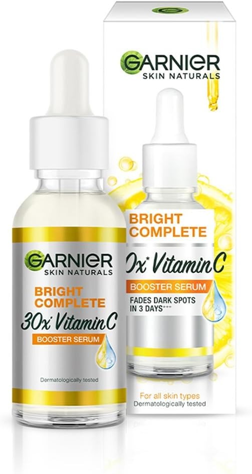 Garnier Bright Complete 20x Vitamin C face serum bottle with dropper, 30 ml