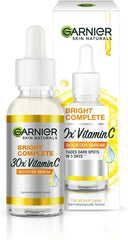 Garnier Bright Complete 20x Vitamin C face serum bottle with dropper, 30 ml