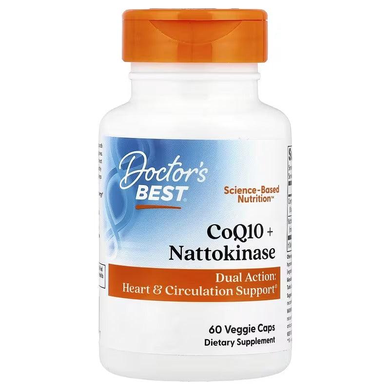 Dietary supplement bottle with orange cap, labeled CoQ10 + Nattokinase, 60 veggie caps
