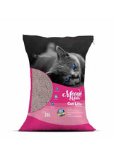 Cat litter bag with gray cat graphic, pink and black design, 25L size
