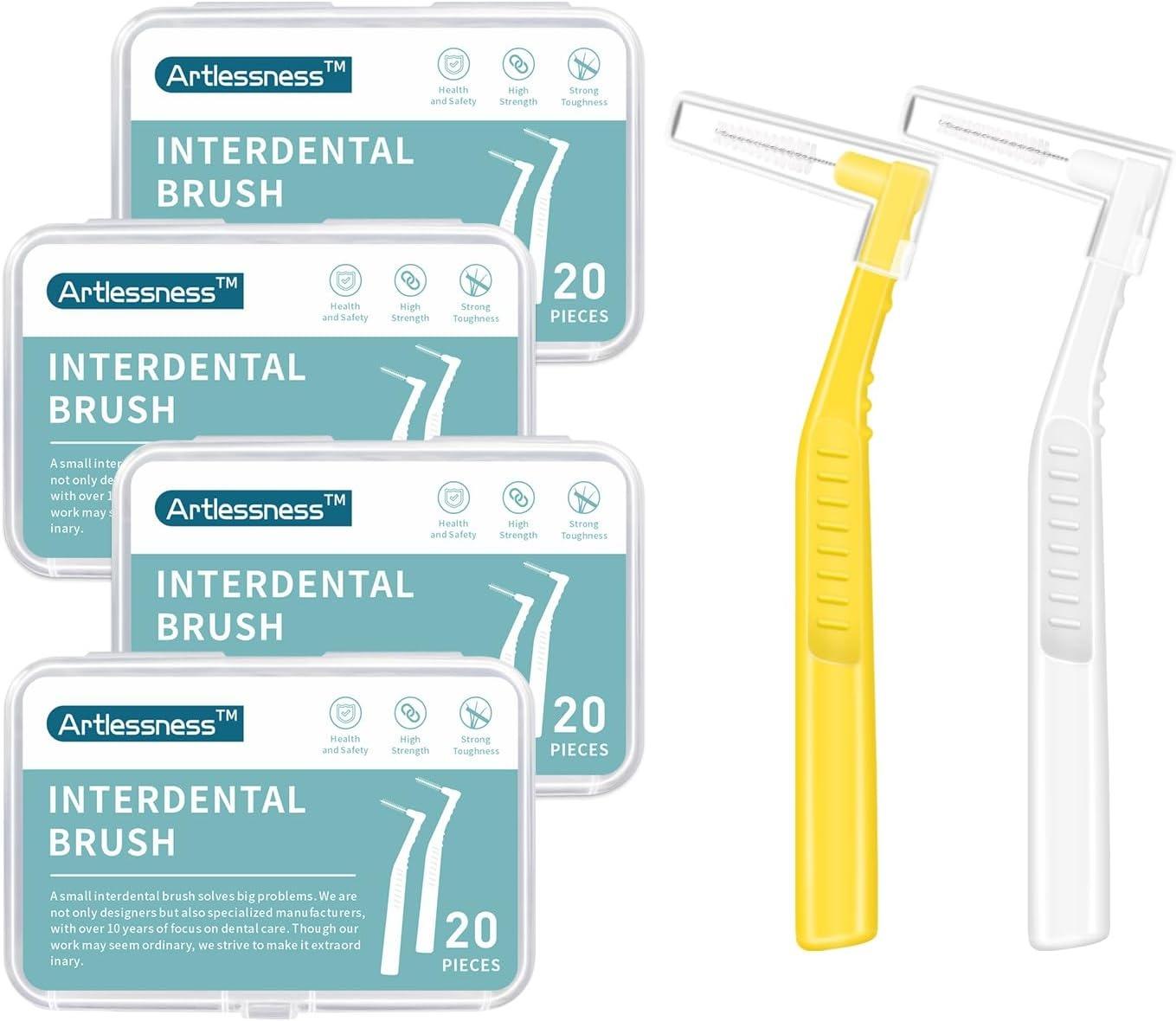 Interdental brush set with L-shaped handles, yellow and white, for braces cleaning
