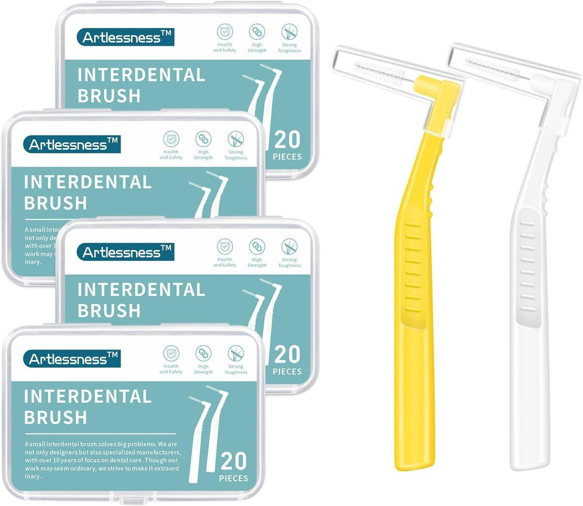 Interdental brush set with L-shaped handles, yellow and white, for braces cleaning