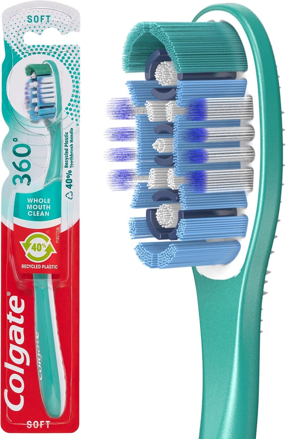 Colgate 360 soft toothbrush with teal handle and bristle head; shown in retail package.