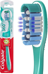Colgate 360 soft toothbrush with teal handle and bristle head; shown in retail package.