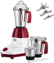 BLACK+DECKER 3-in-1 mixer grinder set with stainless jars, red-white base, lids
