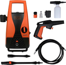 Orange and black pressure washer with spray gun and hose, plus accessories